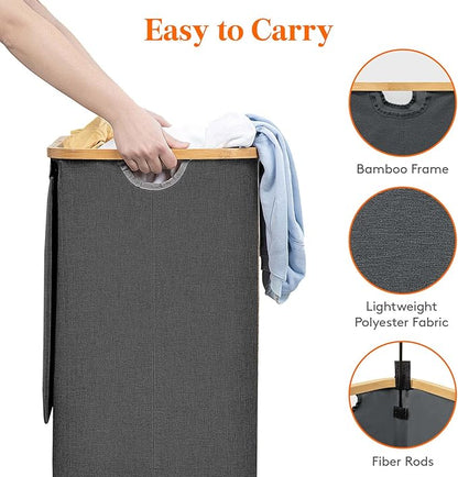 Lifewit 80L Laundry Basket with Lid, Clothes Hampers for Laundry with Bamboo Handles and 1 Removable Bag, Large Foldable Laundry Hamper for Bedroom, Bathroom, Dorm, Laundry Room, Dark Gray