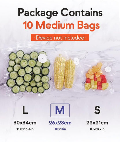 Reusable Vacuum Sealer Bags for Food – 10 Medium Vacuum Bags (26x28cm/10x11in), BPA-Free, Leak-Proof, Odor-Resistant – Compatible with Vacuum Sealers