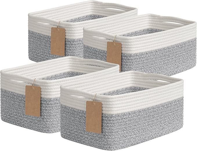 Goodpick 4 Pack Storage Baskets for Shelves, Rectangle Woven Baskets for Organizing, Decorative Closet Bins with Handles, Shelf Basket for Baby Toy Storage, 13''L x 8''W x 6''H, Gray & White