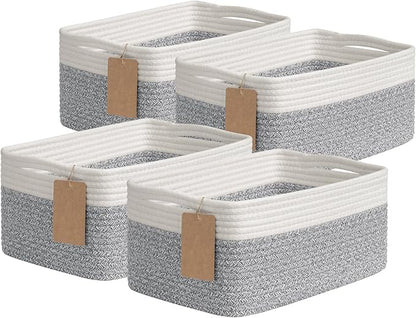 Goodpick 4 Pack Storage Baskets for Shelves, Rectangle Woven Baskets for Organizing, Decorative Closet Bins with Handles, Shelf Basket for Baby Toy Storage, 13''L x 8''W x 6''H, Gray & White