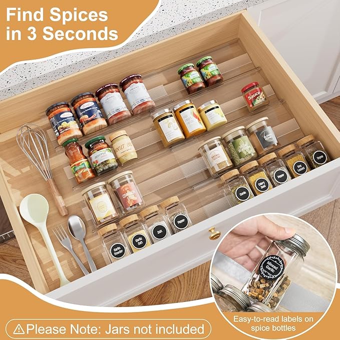 4-Pack Adjustable Spice Rack Organizer for Drawer, Expandable Seasoning Storage (13" to 26") with Anti-Slip Mat, Acrylic Tiered Spice Tray for Condiment, Nail Polish and Jar Organization