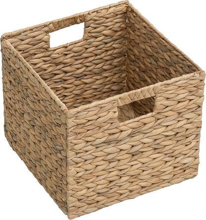 eHemco Large Square Woven Hyacinth Wicker Pantry Storage Baskets with Iron Wire Frame, 11"x11"x10", Natural, Set of 2