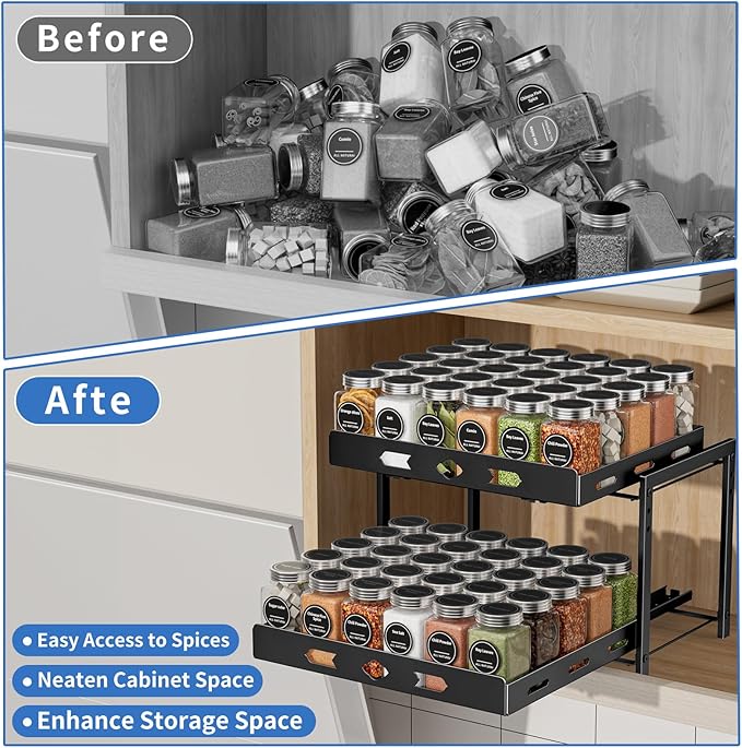 BOIVSHI Spice Organization for Cabinet, 2-Tier Cabinet Spice Rack, Height Adjustable Vertical Spice Rack Pull Out for Kitchen, Cabinet, Pantry (14.1''Wx10.8''Dx9.2''H, Metal Black)