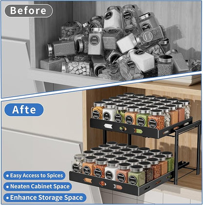 BOIVSHI Spice Organization for Cabinet, 2-Tier Cabinet Spice Rack, Height Adjustable Vertical Spice Rack Pull Out for Kitchen, Cabinet, Pantry (14.1''Wx10.8''Dx9.2''H, Metal Black)