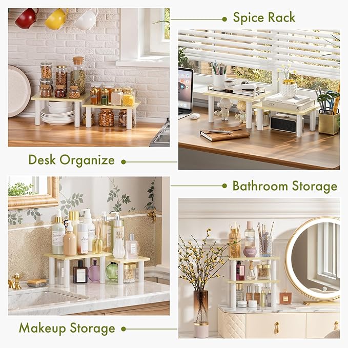 Cabinet Organizer Shelf, 2 Tier Countertop Spice Rack for Kitchen Counter, Seasoning Organizer with Wood-Grain Shelves, Kitchen Countertop Organizer for Spices, Sauces and Small Items (2 Pcs, Light)