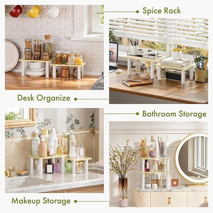 Cabinet Organizer Shelf, 2 Tier Countertop Spice Rack for Kitchen Counter, Seasoning Organizer with Wood-Grain Shelves, Kitchen Countertop Organizer for Spices, Sauces and Small Items (2 Pcs, Light)