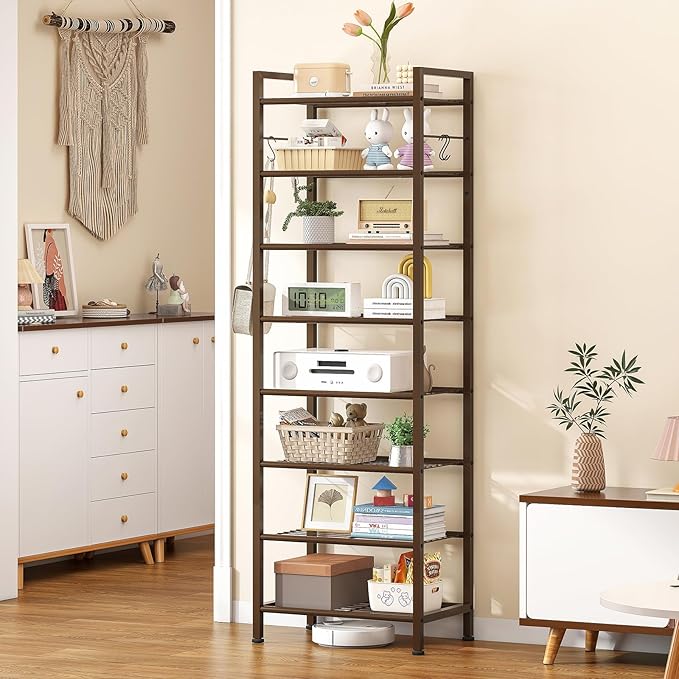 usikey 8 Tiers Narrow Shoe Rack 16-24 Pairs, Sturdy Metal Tall Shoe Rack with 4 Hooks, Slim Shoe Storage Organizer with Metal Shelf, Space Saving Vertical Shoe Shelf for Entryway BronzeUNYXJX016A