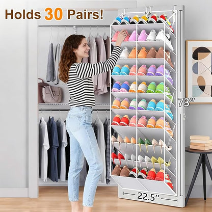 UVIAHOMI 20-30 Pairs Over the Door Shoe Organizer, Clear Pockets Hanging Shoe Storage for Closet, 10-Tier Door Shoes Rack, Handing Shoes Holder Fit All the Family's Sneakers, Boots, Heels, Light Grey