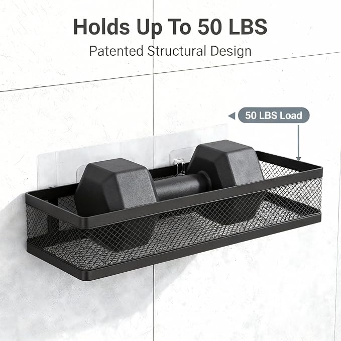 PUSDON 5-in-1 16.5" Extra Long Slim Wall Mount Wrapped Mesh Kitchen Organizer & Shower Caddy Kit, with Paper Towel Holder, Utensil Holder, Soap Dish, Holds 50LBS - Matte Black, Netting