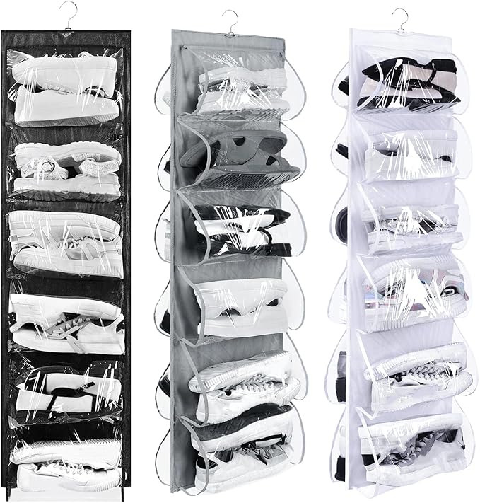 Barydat 3 Pcs Dual Sided Hanging Shoe Organizer 12 Clear Pockets Mesh Hanging Shoe Rack Holder with Rotating Hanger for Closet Storage Men Women Handbags Kids Clothing, Grey, White and Black