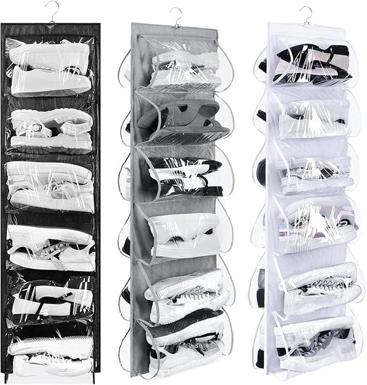 Barydat 3 Pcs Dual Sided Hanging Shoe Organizer 12 Clear Pockets Mesh Hanging Shoe Rack Holder with Rotating Hanger for Closet Storage Men Women Handbags Kids Clothing, Grey, White and Black