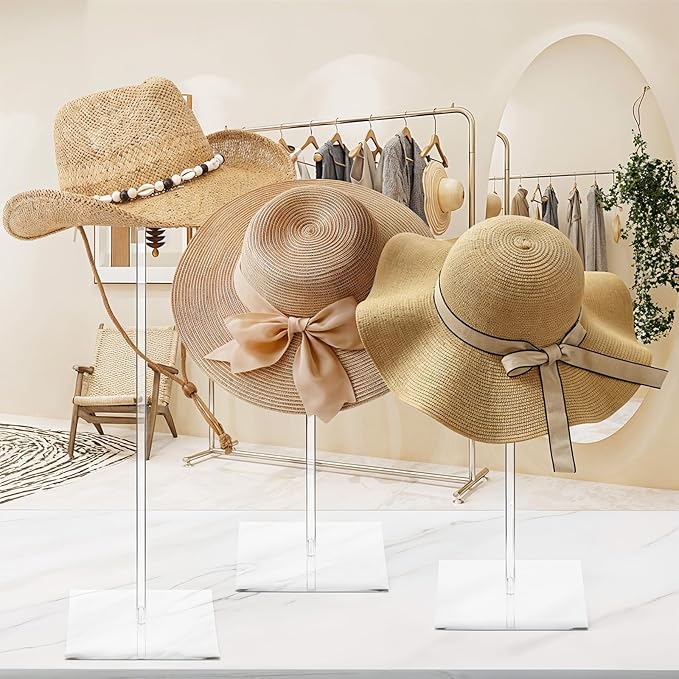 4PCS Clear Acrylic Hat Stands and Display Racks, 12"-17" Adjustable Height Hat Holder, Clear Square Base Hat Stand for Baseball Caps, Wigs, Jewelry, Watches, Helmets and Collectibles