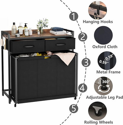 STIKELY Laundry Hamper Laundry Basket with 3 Section Pull-Out Rolling Bags, Laundry Sorter for Organization and Storage with 2 Pull-Out Drawers for Laundry Room, Bathroom, Bedroom Use (Rustic Brown)