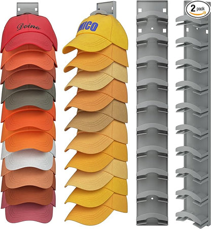 Hat Organizer Hold up to 20 Hats, 2 Pack Hat Rack for Wall with Strong Adhesive, Hat Organizer for Baseball Caps Display for Door Closet, Hat Hanger Holder Multilayer Two Mounting Option(Black)