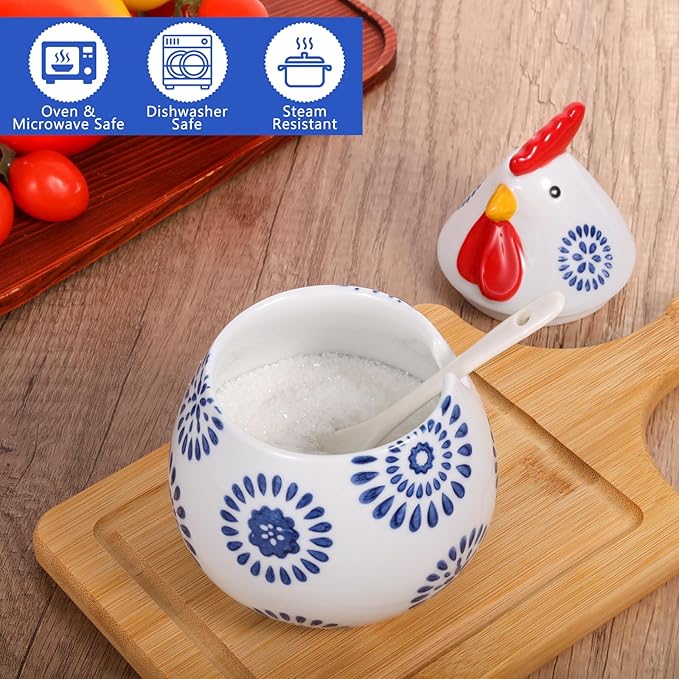 15.8 oz Ceramic Salt Cellar with Lid & Spoon, Large Blue Rooster Design Countertop Storage, Multifunctional Kitchen Jar for Kosher Salt, Pepper, Spices, Herbs, Coffee & More
