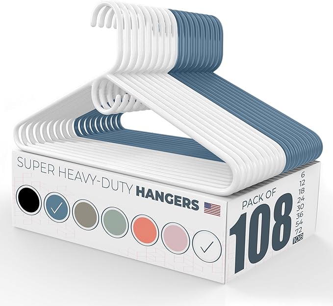Super Heavy Duty Clothes Hangers 100 Pack (108 Count) – Made in the USA - 10lb Capacity, Thick Plastic Hangers for Pants, Coats, Jackets, Jeans and Adult Clothing – White & Blue