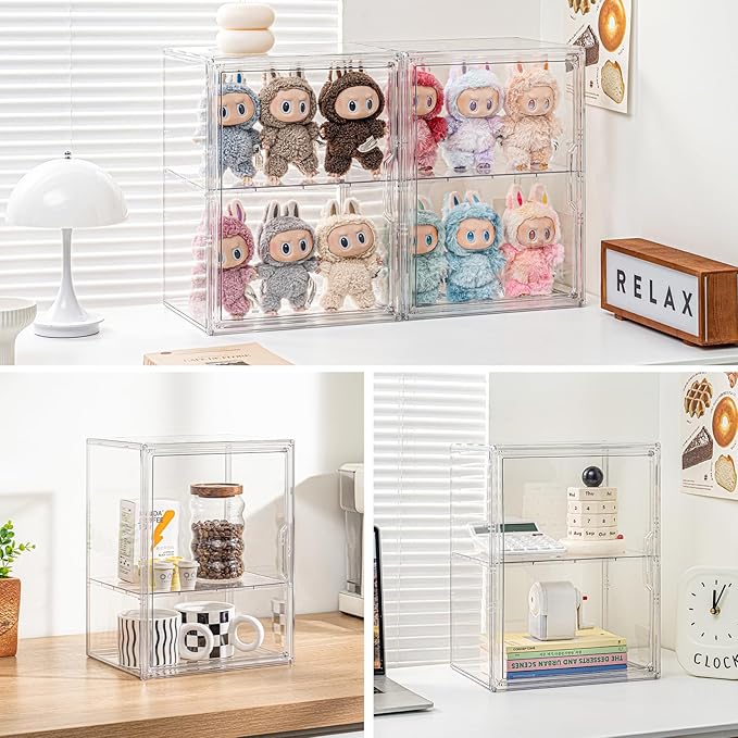 2 Pack Large Clear Acrylic Display Case Compatible with Labubu POP MART Storage Bin for Collectibles with 2 Removable Shelves and Magnetic Door Display Organizer Box for Anime Figures, Dolls