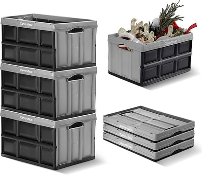 CleverMade Collapsible Storage Bins 46L (3-Pack) – Heavy Duty Collapsible Plastic Storage Bins, Stackable Folding Storage Bins for Car, Garage, Home Organization - Foldable Bins, Stone