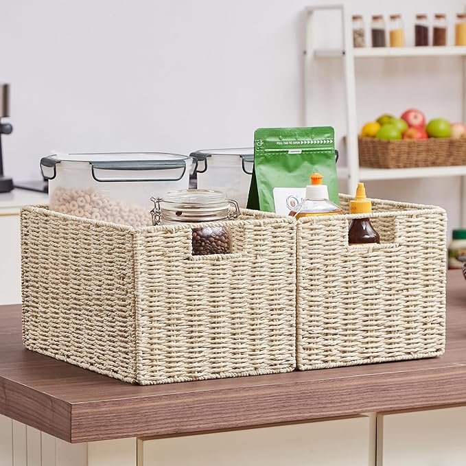 Vagusicc Wicker Storage Basket, Set of 2 Hand-Woven Paper Rope Wicker Basket, Small Storage Baskets for Organizing Toilet Paper Basket, Foldable Large Cube Storage Organizer Bins for Shelves (Beige)
