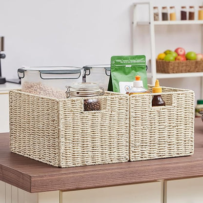 Vagusicc Wicker Storage Basket, Set of 2 Hand-Woven Paper Rope Wicker Basket, Small Storage Baskets for Organizing Toilet Paper Basket, Foldable Large Cube Storage Organizer Bins for Shelves (Beige)