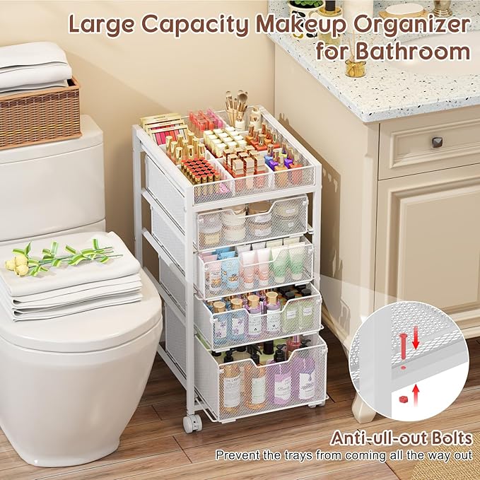 5-Tier Rolling Makeup Cart Organizer with 4 Drawers, Cosmetics Display with Dividers, Floor Skincare Storage with Wheels, Versatile Vanity Organizer for Nail Polish Perfume Brush Hair Tool, White