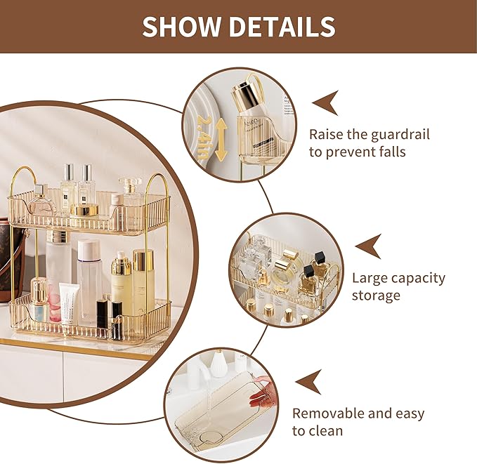 Amber 2-Tier Vanity Shelf for Bathroom Counter - Skincare & Makeup Organizer