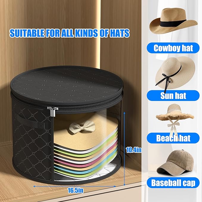 Veki 2pack Clear Hat Organizer for Closet, Hat Boxes for Women Storage With Dustproof Lids, Hat Box for Travel and Storage, Cowboy Hat, Stackable Round Brim Hats Organizer Bag Container (Pure Black)