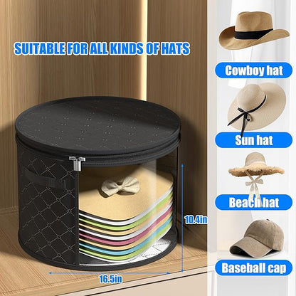 Veki 2pack Clear Hat Organizer for Closet, Hat Boxes for Women Storage With Dustproof Lids, Hat Box for Travel and Storage, Cowboy Hat, Stackable Round Brim Hats Organizer Bag Container (Pure Black)