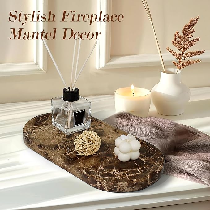 YMXYJM Genuine Real Natural Marble Tray for Bathroom, Luxury Dark Brown Stone Vanity Tray, Decorative Oval Trays for Countertop Storage, Vanity, Dresser, Kitchen, Home Decor, 11.8" x 6", Brown