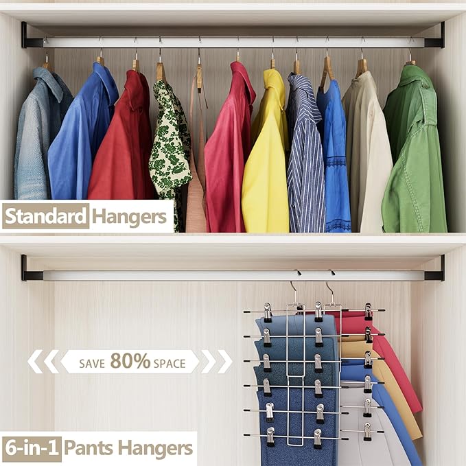 6 Pack Pants & Skirt Hangers Space Saving Hanging Closet Organizer and Storage, Upgrade Skirt Hangers with Clips and 360° Swivel Hook, Closet Storage