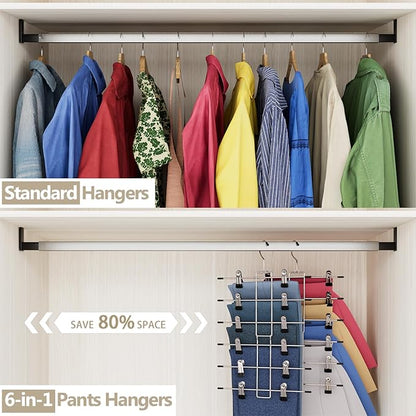 6 Pack Pants & Skirt Hangers Space Saving Hanging Closet Organizer and Storage, Upgrade Skirt Hangers with Clips and 360° Swivel Hook, Closet Storage