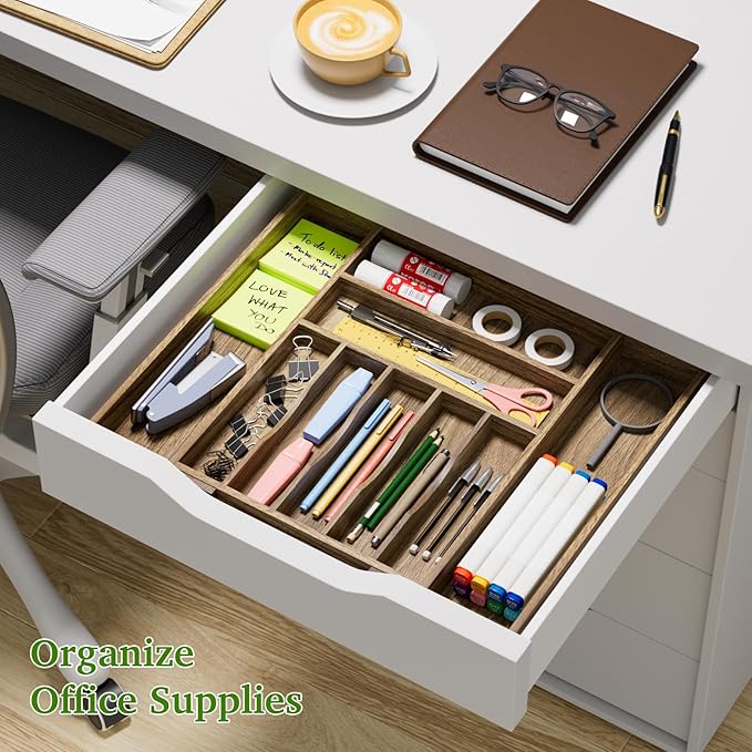 Kiasthome Acacia Wood Kitchen Silverware Drawer Organizer, Expandable Utensil Cutlery Drawer Organizer with Dividers, Flatware Organizer Silverware Tray for Spoon, Fork, 13''-20''x16.9'' (7-9 Slots)