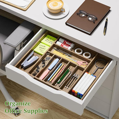 Kiasthome Acacia Wood Kitchen Silverware Drawer Organizer, Expandable Utensil Cutlery Drawer Organizer with Dividers, Flatware Organizer Silverware Tray for Spoon, Fork, 13''-20''x16.9'' (7-9 Slots)