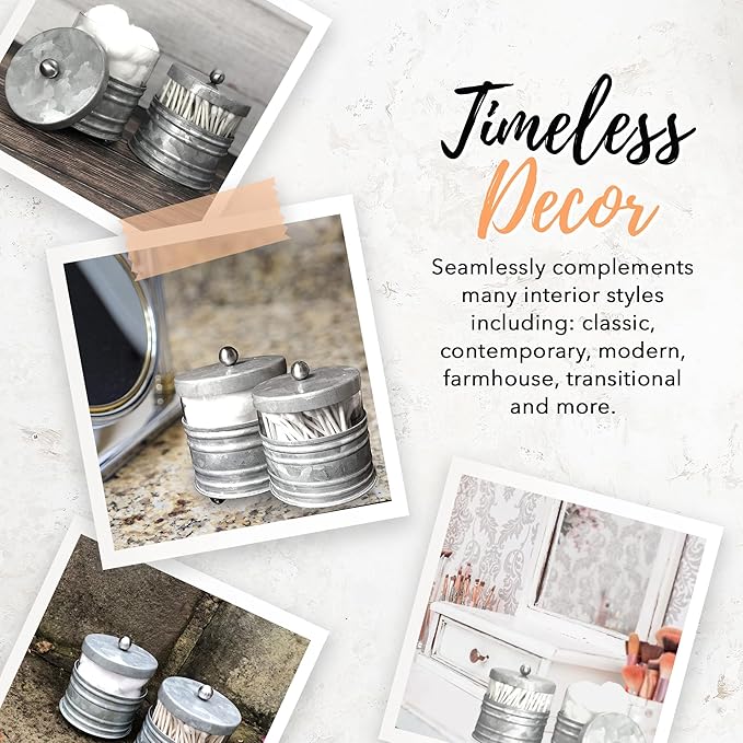 Autumn Alley Galvanized Bathroom Apothecary Jars Set, Farmhouse Bathroom Jars Qtip Holder Glass Dispenser- Rustic Vanity Organizer with Lids for Cotton Balls, Swabs, Rounds, Bath Salts 2-Glass Jars