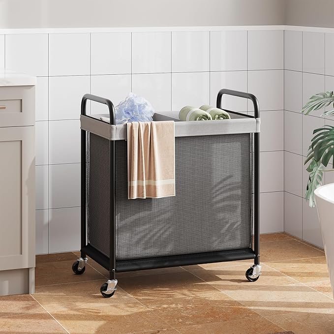 ELYKEN Laundry Hamper 2 Section, 100L Rolling Laundry Sorter with Removable Liner Bag, Laundry Basket with Wheels, Steel Frame with Metal Handle, Clothes Hamper Cart for Laundry Room & Bedroom