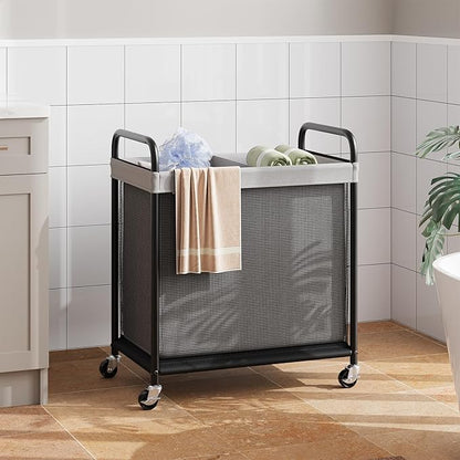 ELYKEN Laundry Hamper 2 Section, 100L Rolling Laundry Sorter with Removable Liner Bag, Laundry Basket with Wheels, Steel Frame with Metal Handle, Clothes Hamper Cart for Laundry Room & Bedroom
