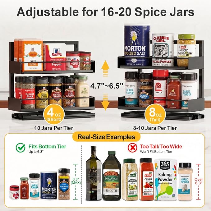 iSPECLE Vertical Spice Rack Pull Out - 1 Pack Rotate No-Drill Slide Out Spice Rack for Cabinet Swivel Easy Access Spices, Adjust Height for 4oz to 8oz Spice Jars Inside Kitchen Pantry Cabinet, White