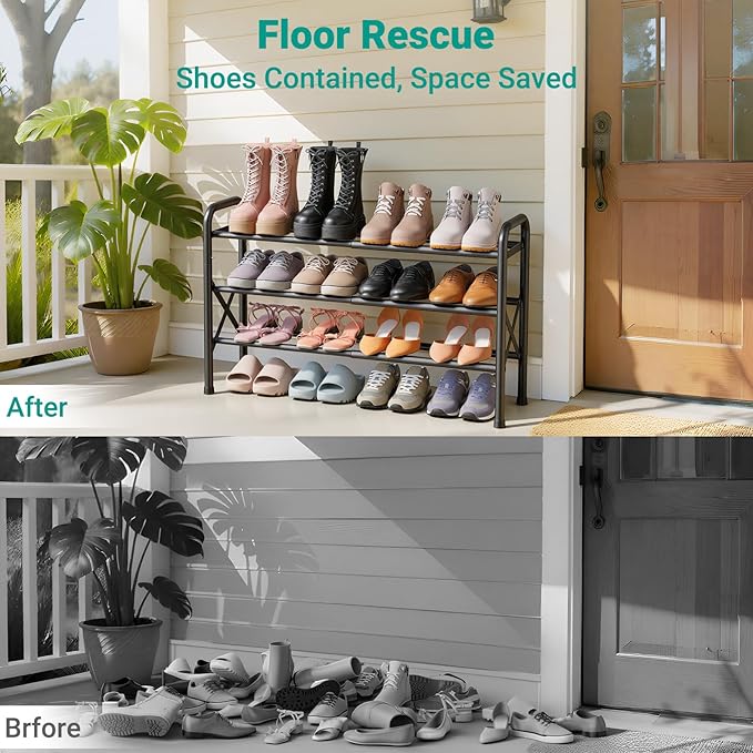 YEASHEIN 3-Tier Expandable Shoe Rack for Closet Floor, X-Frame Metal Small Shoe Rack for Entryway, Adjustable Shoe Shelf Organizer, Free Standing Shoe Racks for Front Door Entrance, Garage - Black