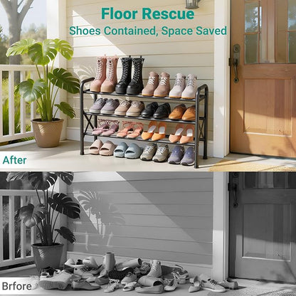 YEASHEIN 3-Tier Expandable Shoe Rack for Closet Floor, X-Frame Metal Small Shoe Rack for Entryway, Adjustable Shoe Shelf Organizer, Free Standing Shoe Racks for Front Door Entrance, Garage - Black