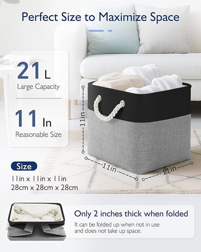 Patvingot 11 Inch Cube Storage Bins, 4 Pack Fabric Storage Cubes with Rope Handles, Organizer Baskets for Closet Shelves, Clothes and Home Organization(Dark/Gray)