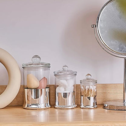 KMwares 3PCs Set Small Glass Premium Quality Apothecary Jars with lids Bathroom Accessories Set for Bathroom Laundry Room Storage Organizer Canisters Cotton Balls Q-Tips (Sliver jar)