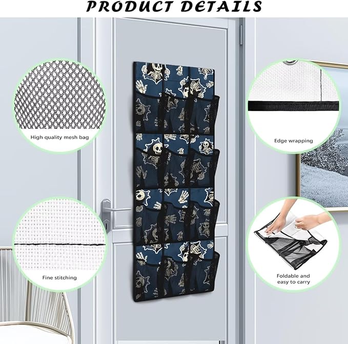 3D Skull Behind The Door Organizer, 12 Large Pockets Hanging Storage Bag for Shoes & Accessories, No Drill Easy Install for Teen Room & Gaming Room Decor