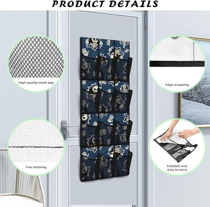 3D Skull Behind The Door Organizer, 12 Large Pockets Hanging Storage Bag for Shoes & Accessories, No Drill Easy Install for Teen Room & Gaming Room Decor