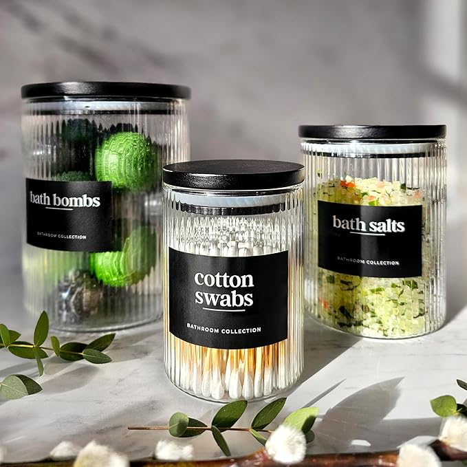 Mason & Fable 3x Ribbed Glass Bathroom Jars with Airtight Black Bamboo Lids | Cotton Pad/Buds/Q tip Holder | Bath Salt/Small Makeup/Apothecary Storage Canister- 10, 20 & 40 fl.oz