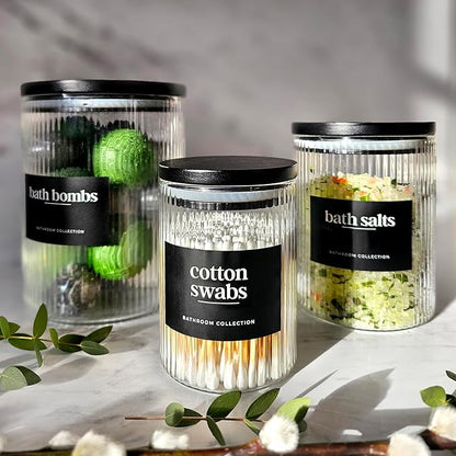 Mason & Fable 3x Ribbed Glass Bathroom Jars with Airtight Black Bamboo Lids | Cotton Pad/Buds/Q tip Holder | Bath Salt/Small Makeup/Apothecary Storage Canister- 10, 20 & 40 fl.oz