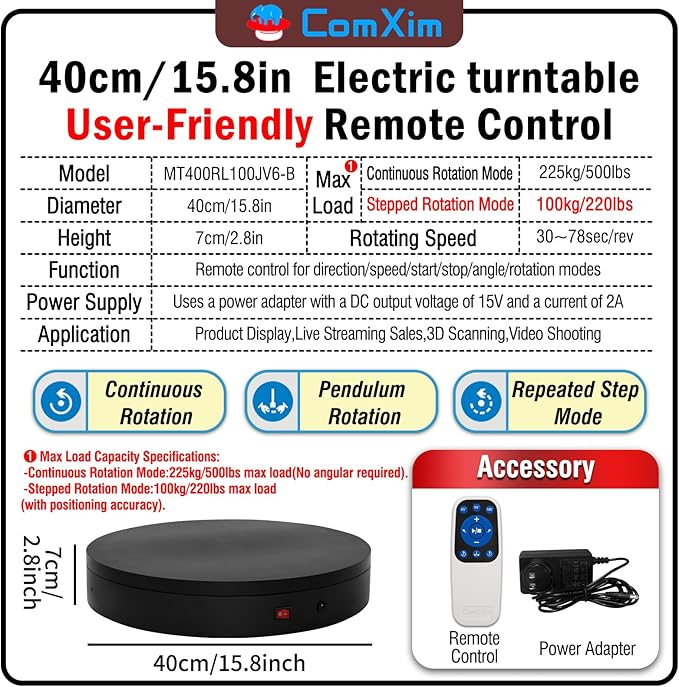 15.8In Remote Large Motorized electric turntable Rotating platform Photography Turntable Motorized lazy susan Base giratoria para for Photography,3D Scanner,Heavy duty display(Load Range:220~500lbs)