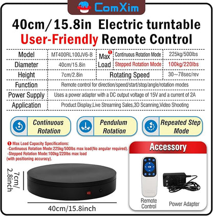 15.8In Remote Large Motorized electric turntable Rotating platform Photography Turntable Motorized lazy susan Base giratoria para for Photography,3D Scanner,Heavy duty display(Load Range:220~500lbs)