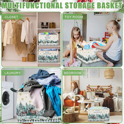 Geelin 3 Pcs Christmas Winter Baskets Wonderland Storage Basket for Gifts Collapsible Waterproof Canvas Xmas Reindeer Storage Bin Organizer with Handles for Book Closet Shelf Nursery Decor