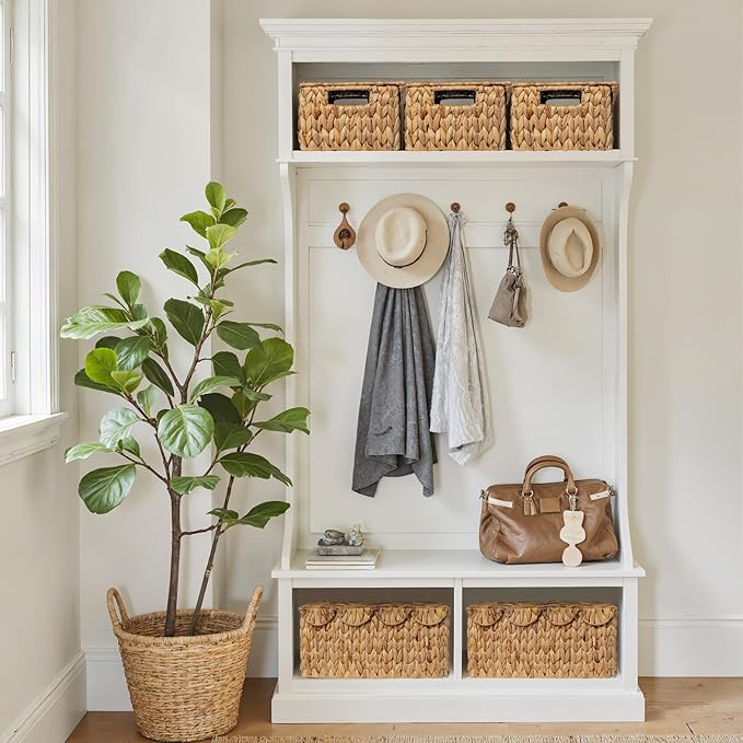 StorageWorks Wicker Basket with Scalloped Edge Lid, Water Hyacinth Basket with Built-in Handles, Handwoven Wicker Box for Living Room, 15" L x 11 ¼" W x 7" H