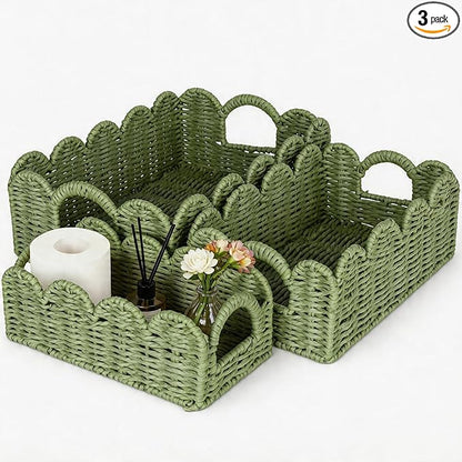 Hand Woven Paper Rope Scalloped Edge Decor Baskets for Home,Living Room, Bedroom,Storage over Above Behind Flush Tank,Toilet Basket,end Table,Shelves-Easily Fit with or Bedroom Decor,Set 3(Green)